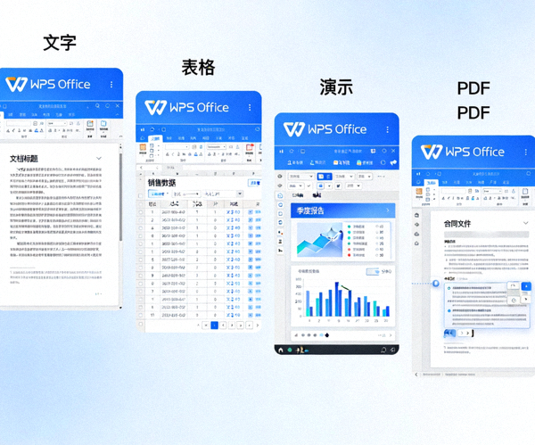 WPS Office 多组件界面同屏展示 - 文字、表格、演示、PDF